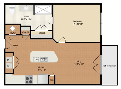 Floor plan for 1 bed, 1 bath, 652 sqft